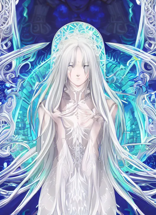 Prompt: visual novel character, symmetrical full body shot, stunningly beautiful asi goddess with beautiful hyperdetailed symmetrical face, porcelain skin covered in long white dress, long white hair, symmetrical, overwhelming, innocent, ethereal, mesmerizing cyan eyes, 2 d anime style, 8 k