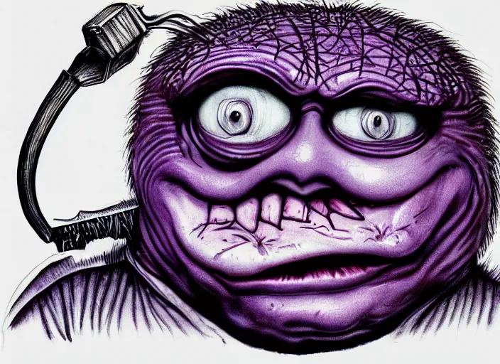 Prompt: a high quality illustration of grimace from mcdonalds by HR Giger, ink pen manga , 8k.