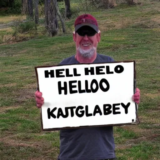 Prompt: <photograph quality=high accurate=true readable=true>Kangaroo holds sign that says 'Hello Friends'</photograph>