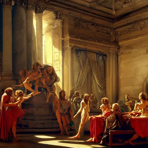 Image similar to grandiloquent enthralling inner sanctum of the most dreadful and beautiful ambition, in the style of Jeff Easley, Jacques-Louis David, Howard Lyon, Élisabeth Vigée Le Brun, dramatic lighting, establishing shot, detailed and clear beautiful realistic faces, 8k resolution – W 1024