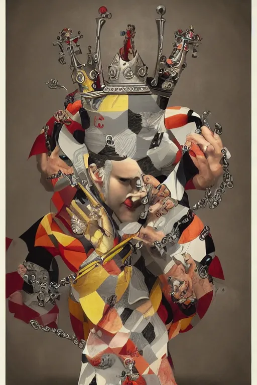 Image similar to magnus carlsen as supreme king of chess, a surrealist painting by james jean, trending on cgsociety, pop surrealism, androgynous, grotesque, angular