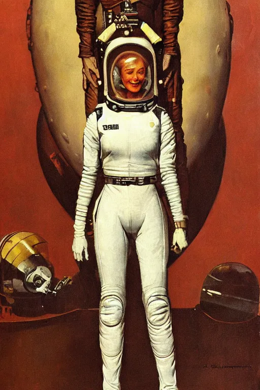 Image similar to 5 0 s pulp scifi fantasy illustration full body portrait slim mature woman in leather spacesuit on mars, by norman rockwell, roberto ferri, daniel gerhartz, edd cartier, jack kirby, howard v brown, ruan jia, tom lovell, frank r paul, jacob collins, dean cornwell, astounding stories, amazing, fantasy, other worlds