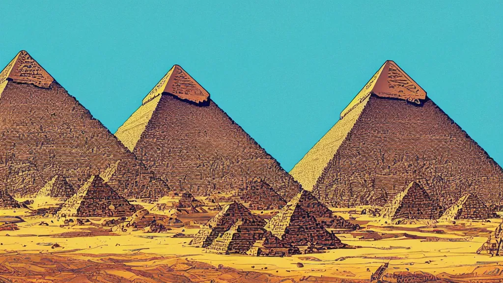 Image similar to highly detailed illustration the pyramids of giza by moebius, nico delort, oliver vernon, kilian eng, joseph moncada, damon soule, manabu ikeda, kyle hotz, dan mumford, otomo, 4 k resolution