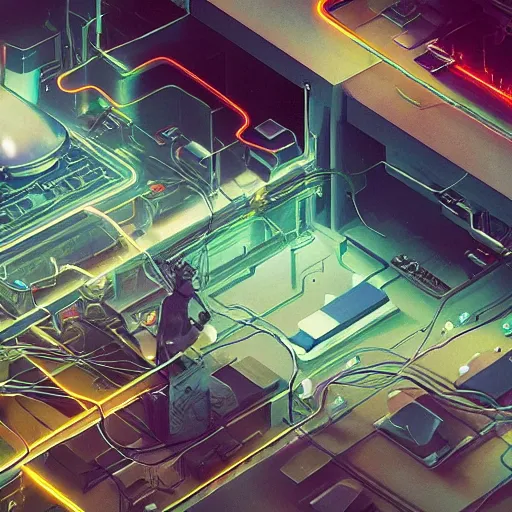 Image similar to an immaculate octane redshift render of the nexus between a vast modern computing center and an alchemist\'s lab with exposed circuit boards, nixie tubes and tesla coils by Zdzisław Beksiński and beeple, beautiful modern colors, ultradetailed, 4k ultra