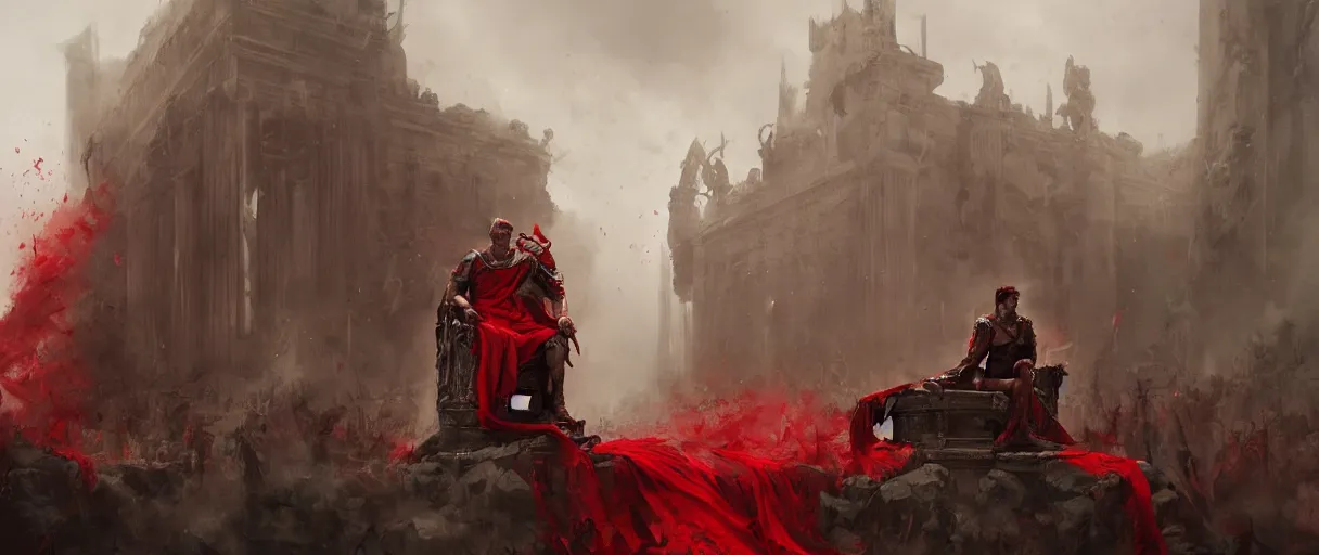 Prompt: the end is near. a tired julius caesar is sitting on his throne. face is highly detailed. splices of red are running down his toga. mist. color scheme red. low angle medium shot. imagined by greg rutkowski and andreas rocha