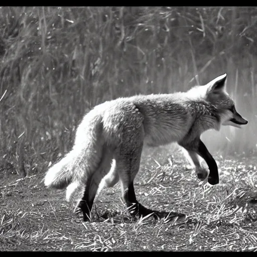 Image similar to trailcam footage of a fox dancing with a cat. night vision, fast shutter speed. caught on camera