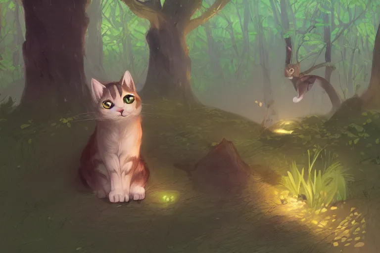 Prompt: cat in the forest, frontlighting, digital art, trending on artstation, fanart, by kawacy