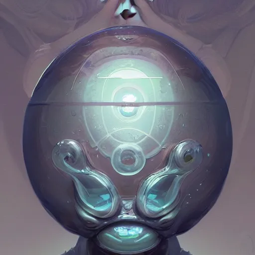 Prompt: transparent goo with a mouth and eyes, it have round burning bomb inside, highly detailed, digital painting, artstation, concept art, matte, sharp focus, illustration, art by Artgerm and Greg Rutkowski and Alphonse Mucha