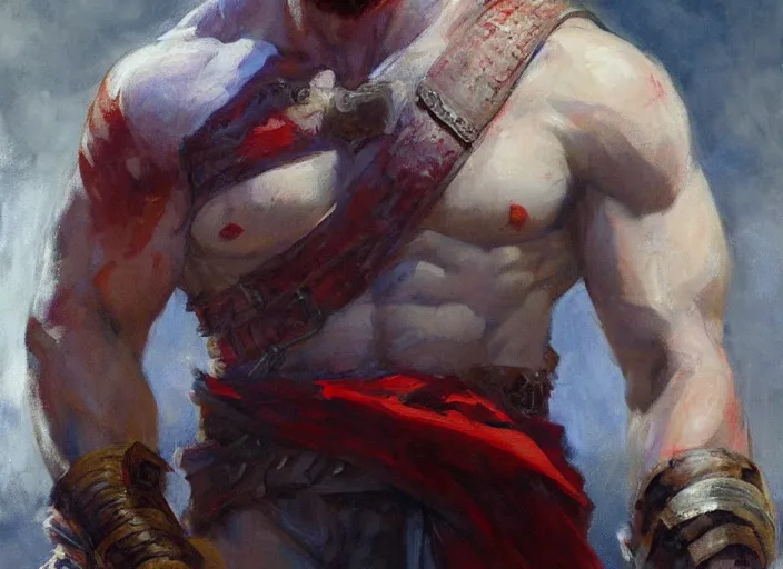 Image similar to a highly detailed beautiful portrait of chris evans as kratos, by gregory manchess, james gurney, james jean