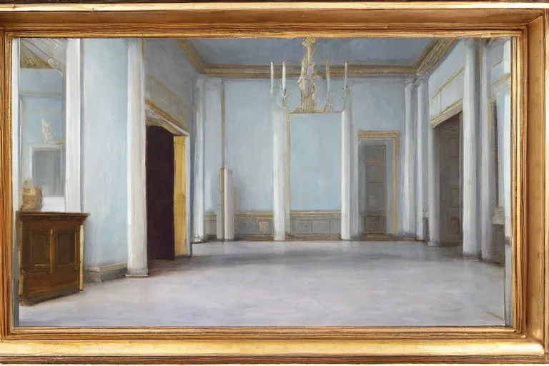 Prompt: oil painting, long view, empty room in style of classicism with cube mirror in center