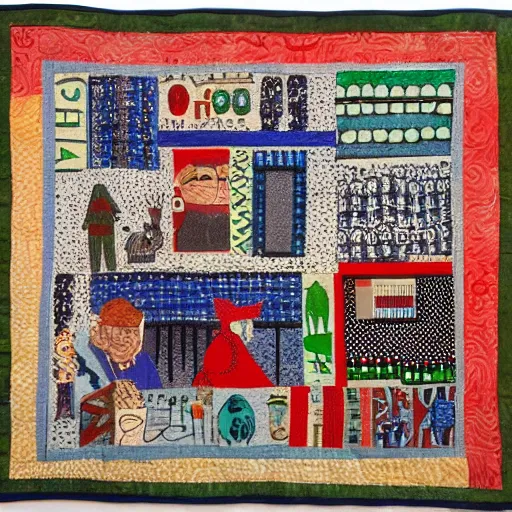 Image similar to folk art quilt showing a twitter argument, museum of modern art, new york