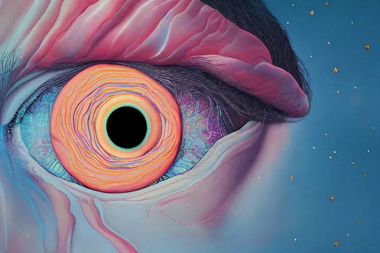 Prompt: close - up of an eye with factal stars and clouds by mary jane ansell, behance contest winner, psychedelic art,