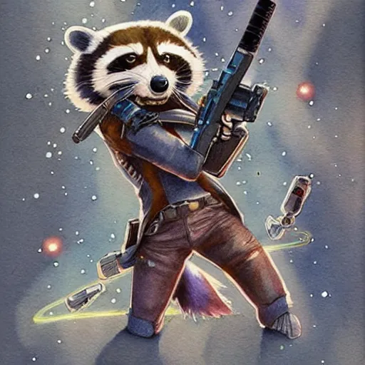 Image similar to racoon holding a laser gun, guardians of the galaxy style, centered award winning watercolor pen illustration, by range murata