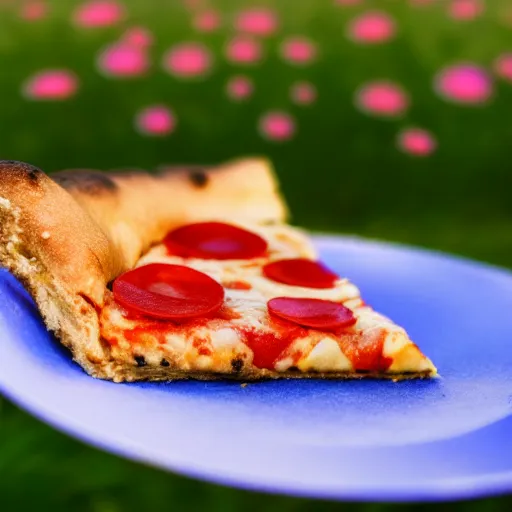 Image similar to A slice of pizza laying on a nice flowery field, realistic, ultra high detail, 8k, close up.