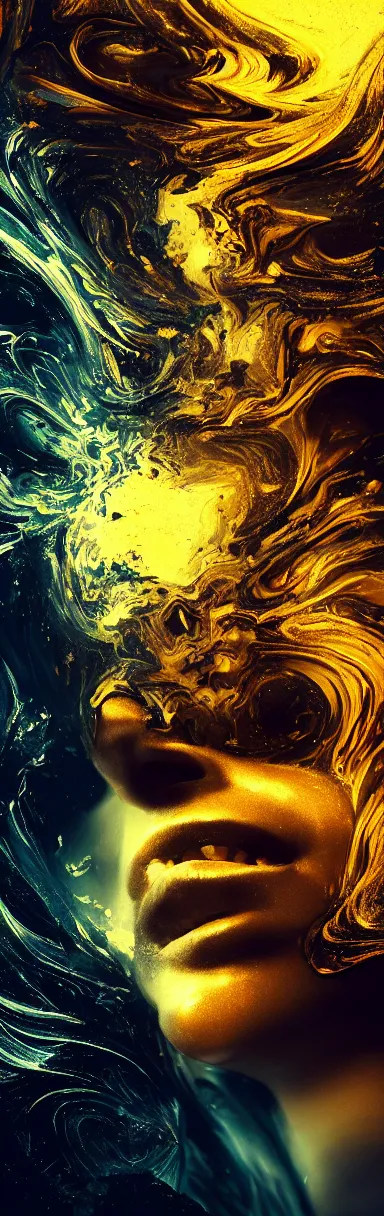 Image similar to epic illustration, abstract sculpture of beautiful female face and black swirling liquifying acrylic portrait, fluffy clouds, mechanical superstructure, glowing edges, golden hour, beautiful light, sculpture of carving marble, dark colors, dark mood, one point light, golden spirals, clockwork, epic matte painting, concept art, bokeh, digital painting