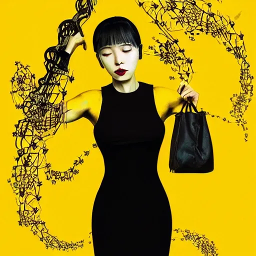 Image similar to woman in a yellow dress, an album cover by kim deuk - sin, tech wear, intricate, trending on cg society, pop surrealism, horror film, movie poster, dark