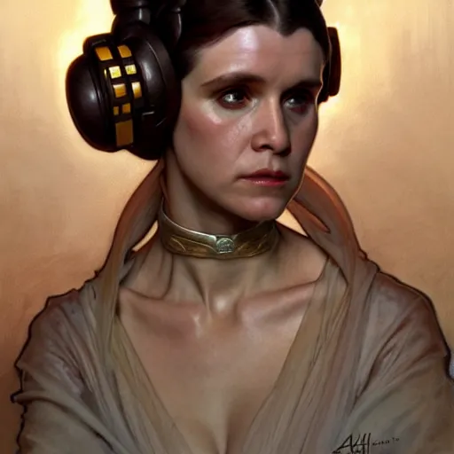 Image similar to princess leia, fantasy, d & d, intricate, detailed, by by alphonse mucha, adolfo hohenstein, alice russell glenny, stanley artgerm lau, greg rutkowski, detailed, trending on artstation, trending on artstation, smooth