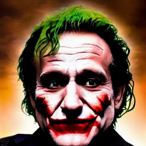 Image similar to stunning awe inspiring ( robin williams ) as the joker 8 k hdr movie still atmospheric lighting