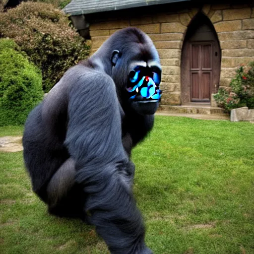 Prompt: a gorilla outside of Bilbo Baggins house in The Shire