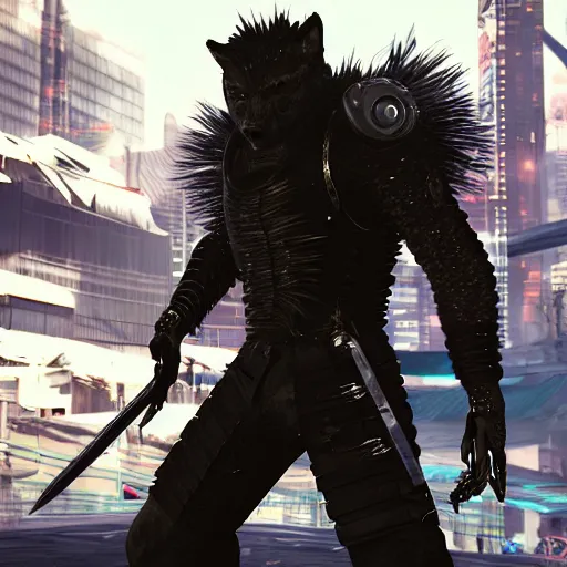 Prompt: cyberpunk wolfman holding a katana and jumping into action, tactical armor, action scene screenshot, unreal engine