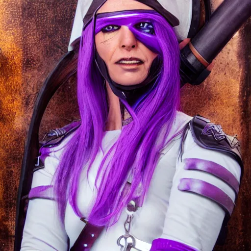 Image similar to a portrait photo of a futuristic sci - fi pirate, purple themed