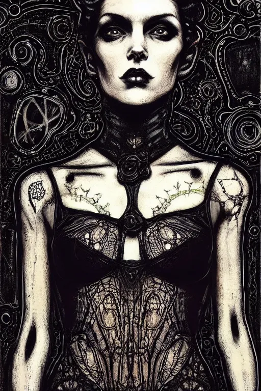 Image similar to dreamy gothic girl, black leather slim clothes, attractive and amazing, beautiful woman body, detailed acrylic, grunge, intricate complexity, by dan mumford and by alberto giacometti, peter lindbergh