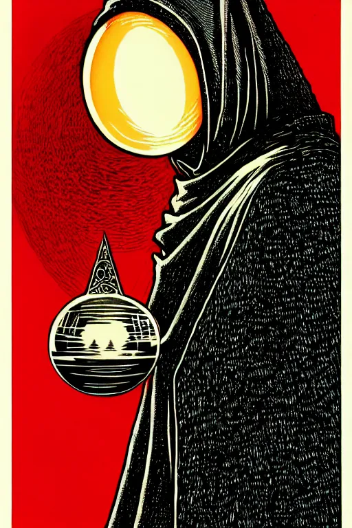 Image similar to wizard in a hooded cloak gazing into a crystal ball, high details, intricately detailed, by vincent di fate, inking, 3 color screen print, masterpiece, trending on artstation, side profile, sharp, details, hyper - detailed, hd, 4 k, 8 k