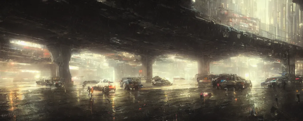 Image similar to under a highway bridge of a cyberpunk city, rain, night, flying shuttles, advertising pannels, rays of light, james gurney, greg rutkowski, unreal engine 5, artstation, sharp focus, award winning