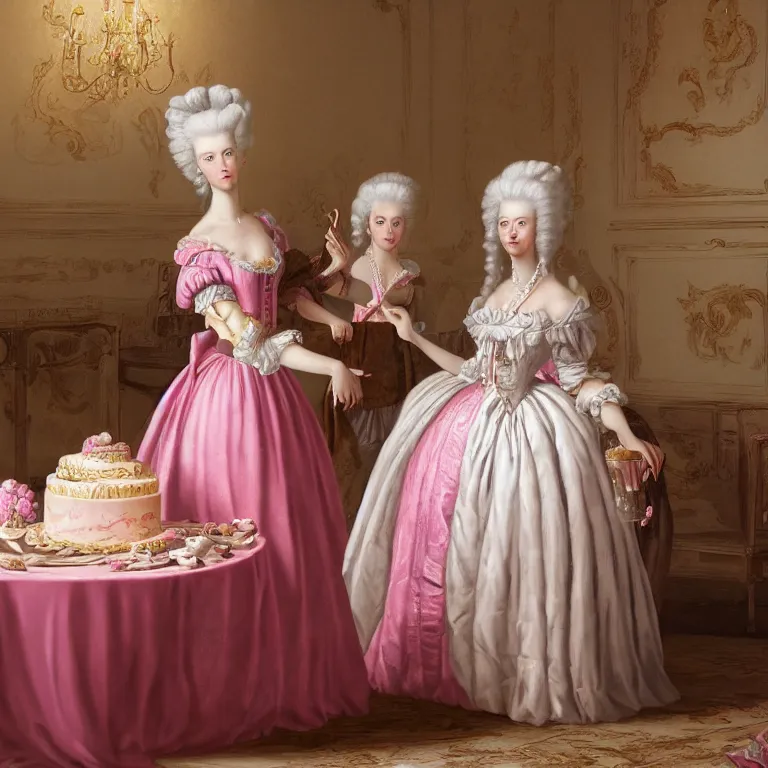 Image similar to Marie Antoinette cutting a pink cake. Baroque painting, trending on artstation, 50mm, photo realistic, highly detailed, ultra realistic, octane render