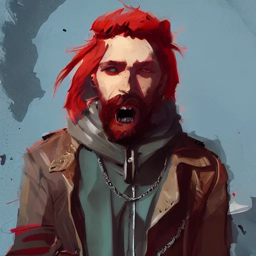 Image similar to human male character art, by Ismail Inceoglu, red hair, red beard, sunken eyes, shabby leather clothes, necklace, digital art, dungeons and dragons, art