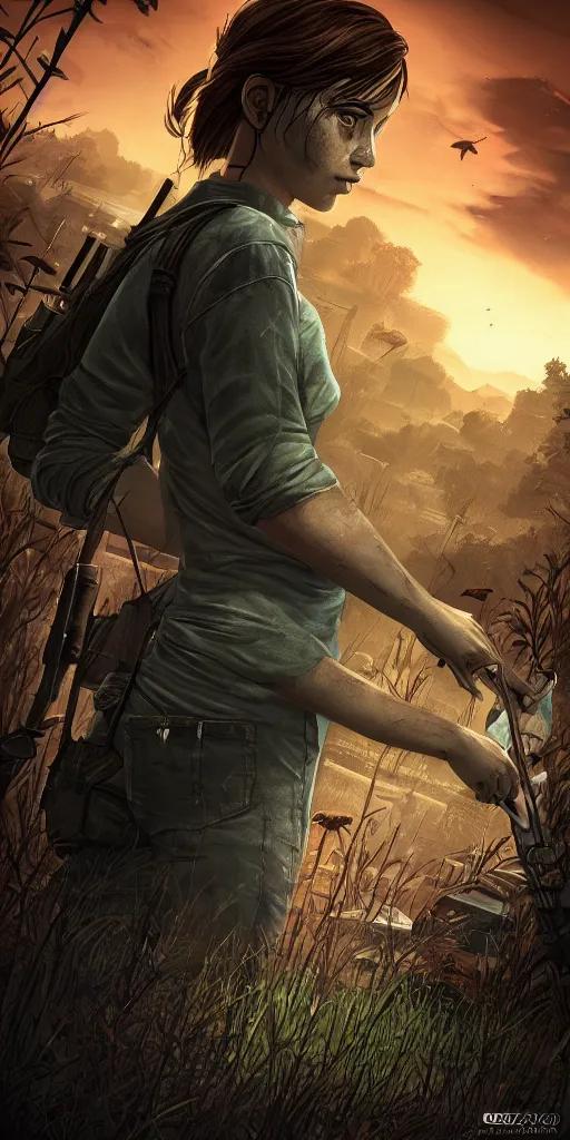 Image similar to cover artwork for a video game in the style of The Last of Us, female protagonist portrait, digital artwork, high resolution, gritty, dark vibe, detailed, trending on imagestation