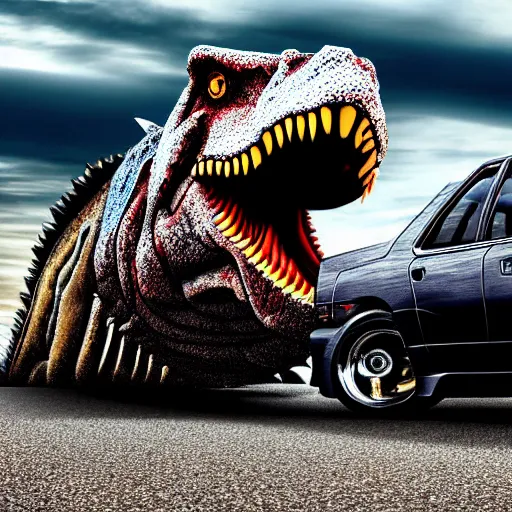 Image similar to beautiful detailed long shot photograph of a spinosaurus crushing a nissan skyline r34 under its feet