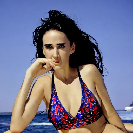 Image similar to Portrait Photography, medium closeup of young jennifer connelly poses in 2 Piece Mini Micro Push Up Swimsuits at summer beach, confident pose, fierce expression, intricate details, detailed face, detailed illustration, impressive lighting, symmetrical features, ultra detailed, 12 megapixels