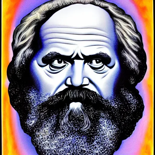 Image similar to karl Marx painting by alex grey in the style of cosmic christ by alex grey