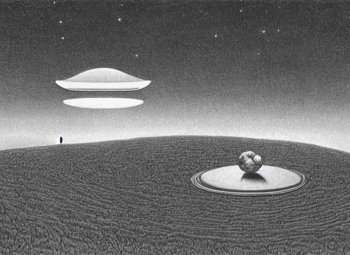 Image similar to ufo flying saucer space ship landing in field of spaghetti and meatballs, albumen silver print by timothy h. o'sullivan ralph mcquarrie