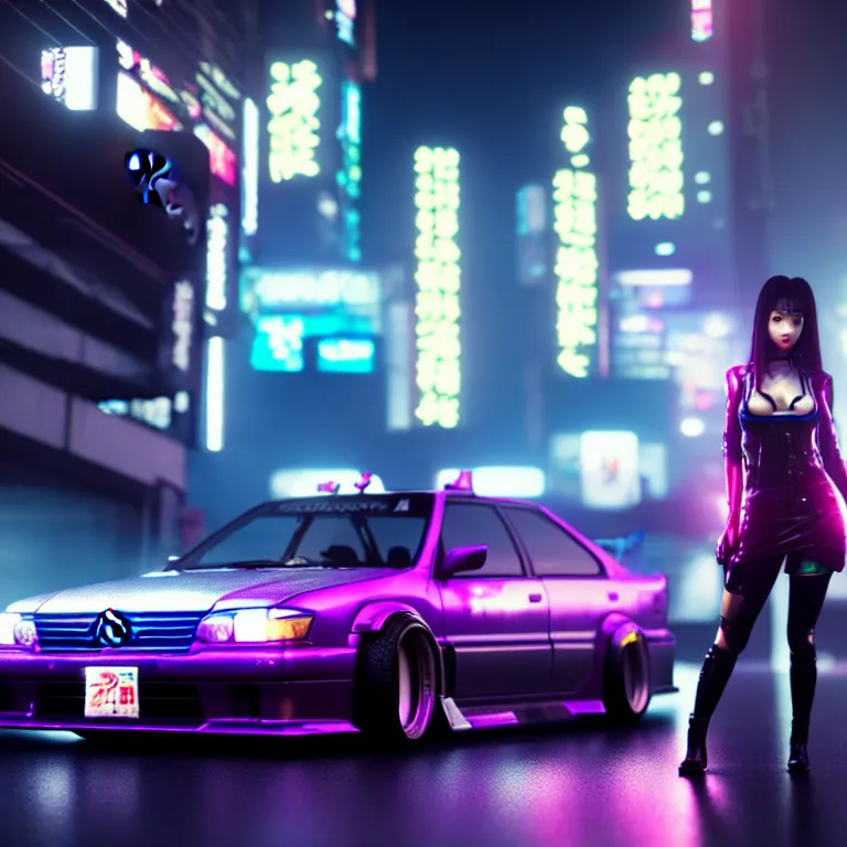 Image similar to toyota jzx 1 0 0 drift with cyberpunk girl standing, detailed - wheels, shibuya prefecture, cinematic lighting, photorealistic, night photography, octane render