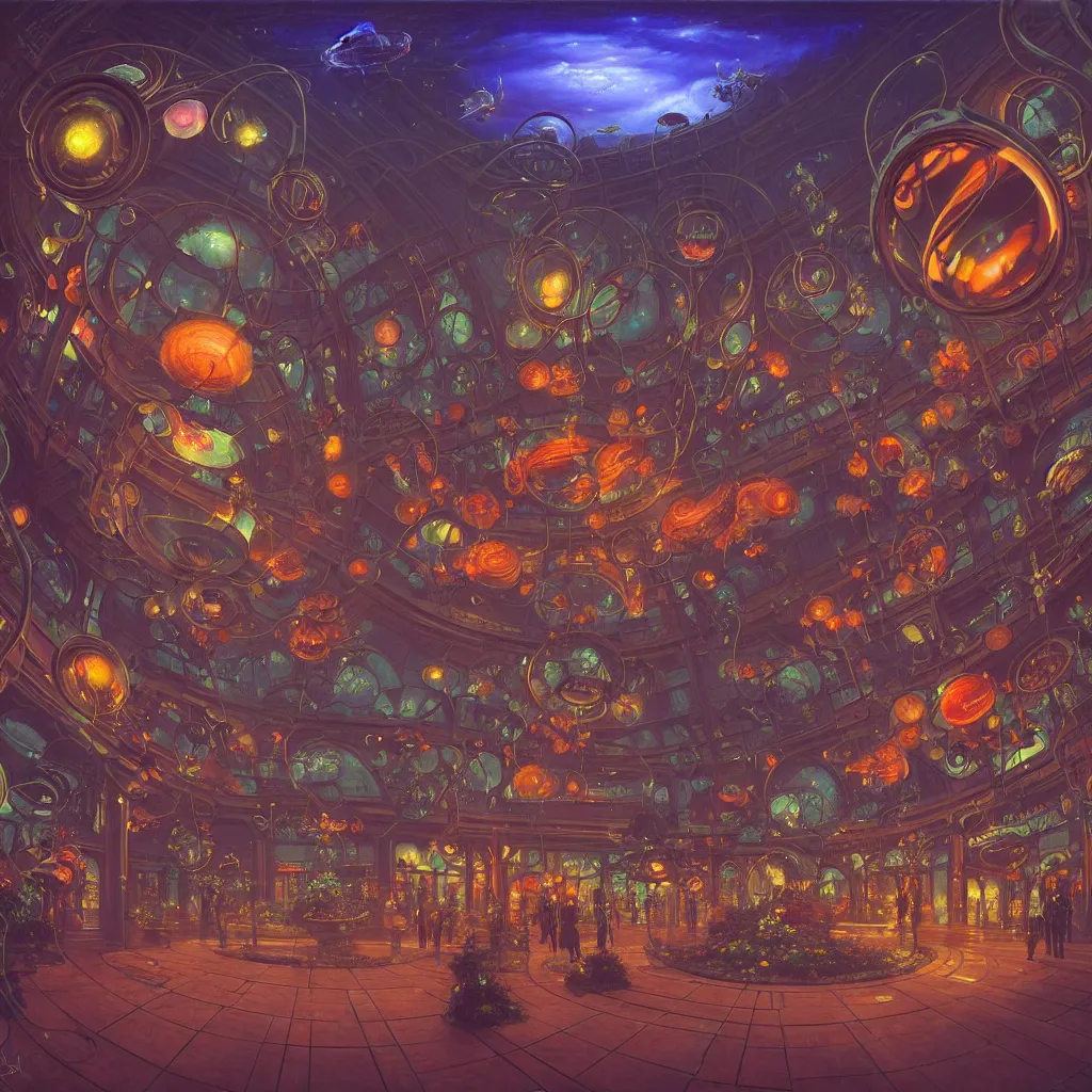 Image similar to fish eye lens a bright minimalist bioluminescent oil painting by donato giancola, warm coloured, cinematic scifi luxurious futuristic foggy steam filled victorian garden mall interior with microscopy radial windows flowers growing out of pretty bulbous ceramic fountains, gigantic pillars and flowers, maschinen krieger, beeple, star trek, star wars, ilm, atmospheric perspective