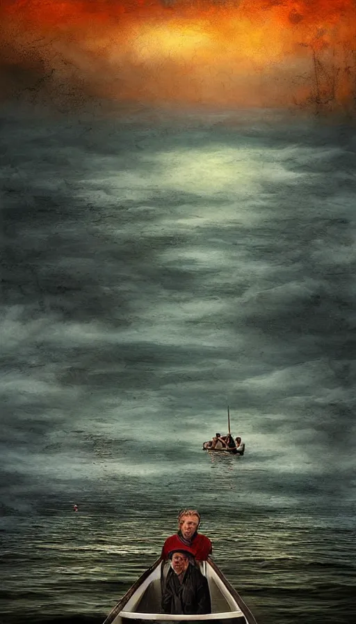 Image similar to man on boat crossing a body of water in hell with creatures in the water, sea of souls, by peter holme iii