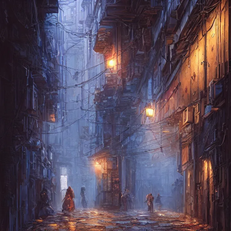 Prompt: hyperrealistic and beautiful painting of an alley way within a grand city, wanderers traveling from afar, a shadowy figure walking, classical architecture, technological lights, screens, cyberpunk style, 8 k resolution, by hugh ferris and john smith, polished, fine detail, intricate, blue color scheme, cyberpunk style, smooth, octane, concept art, trending on artstation