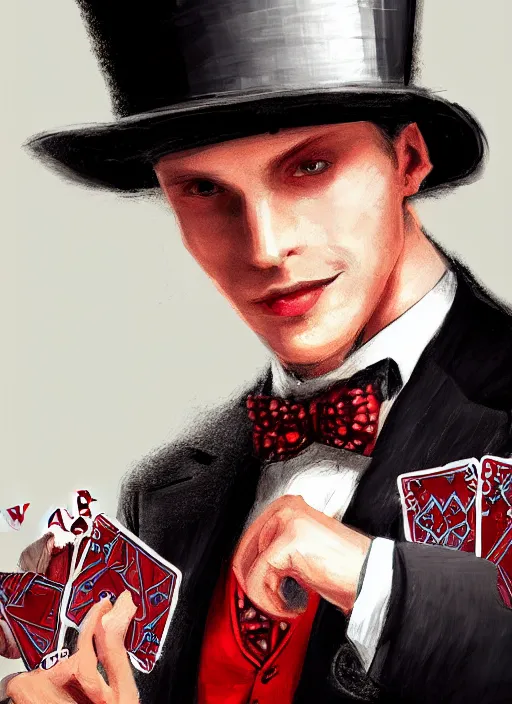 Prompt: a highly detailed illustration of stylish top hat wearing red haired attractive man, wearing suit vest, flashy leaning back holding playing cards pose, intricate, elegant, highly detailed, centered, digital painting, artstation, concept art, smooth, sharp focus, league of legends concept art, WLOP