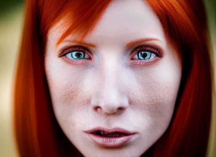 Prompt: 5 5 mm portrait photo of a redhead woman's face with ( intricate cat eyes ). highly detailed 8 k. intricate. lifelike. soft light. nikom d 8 5 0. cinematic post - processing