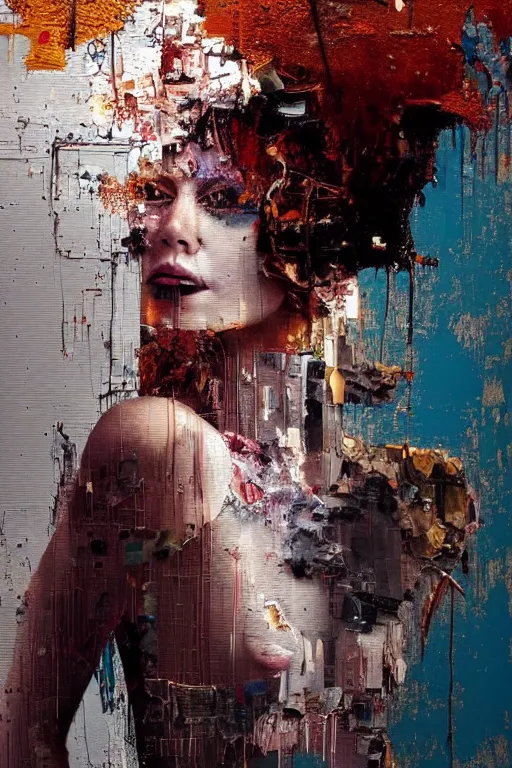 Image similar to a beautiful glitched painting by robert proch of a woman in a glitched bathroom, metal rust and plaster materials, pixel sorting, color bleeding, brushstrokes by jeremy mann, still life, dark colors