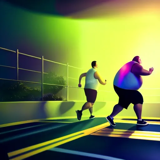 Image similar to a fat man running on a treadmill heavily sweating ultra realistic, lens flare, atmosphere, glow, detailed, intricate, full of colour, cinematic lighting, trending on artstation, 4 k, hyperrealistic, focused, extreme details, unreal engine 5, cinematic, masterpiece, ultra realistic, hyper realistic, highly detailed, sharp focus, digital art