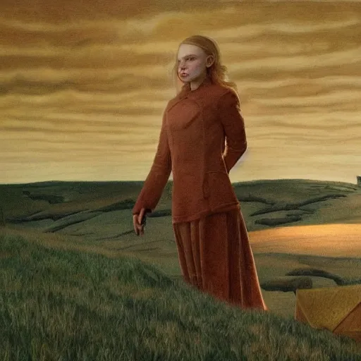 Prompt: Elle Fanning in the painted world of F.E.A.R., head and shoulders masterpiece, apocalypse, golden hour, cosmic horror, artstation, in the style of Andrew Wyeth and Edward Hopper and Bosch, extremely detailed