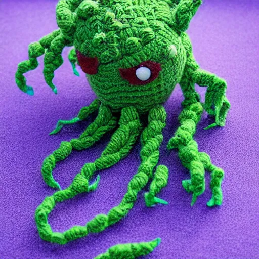 Prompt: adorable Cthulhu made of yarn out for a morning stroll, dynamic morning light, photorealism