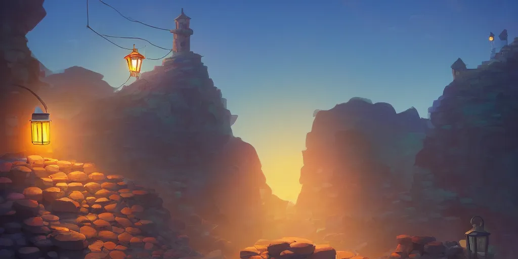 Prompt: a lonely cobblestone street with a business selling electrical appliances, a lantern, on a cliff over the sea at sunset, artstation, colorful sylvain sarrailh concept art, by peter chan, pixar movie