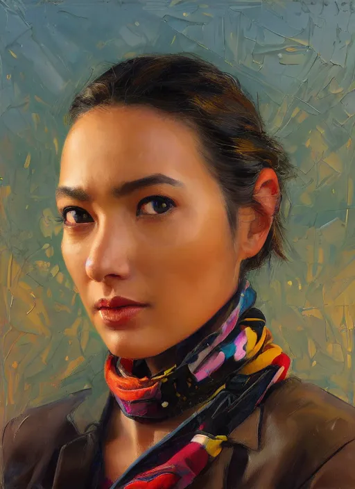 Prompt: portrait in daring femininity, ethnic, determined face, flight suit w scarf, warm glow, bathed in light, sci - fi landscape, captured memory, motion impressionism, radiosity, terrazzo, pj crook, michael garmash, livia prima, nick alm, casey baugh, deep color, oil on canvas