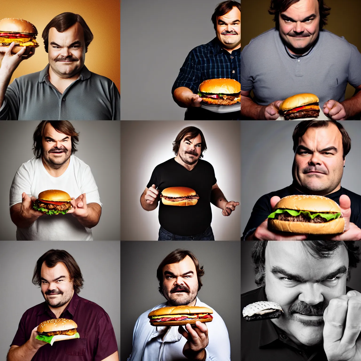 Prompt: Jack Black holding a hamburger, studio, split lighting, intense