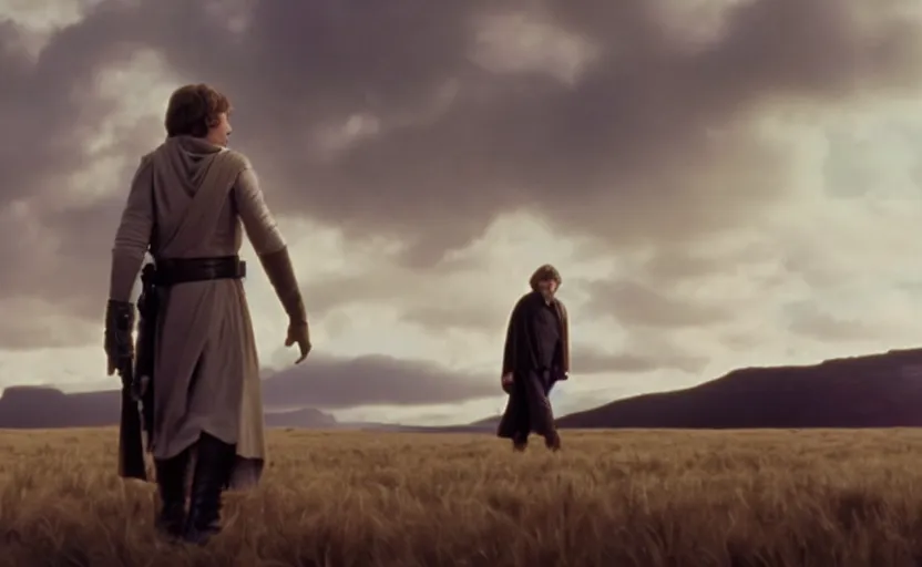 Image similar to screenshot portrait of Luke Skywalker on a windy field, with new jedi army behind him, iconic scene from 1980s film by Stanley Kubrick, last jedi, 4k HD, cinematic lighting, beautiful portrait of Mark Hammill, moody scene, stunning cinematography, anamorphic lenses, kodak color film stock