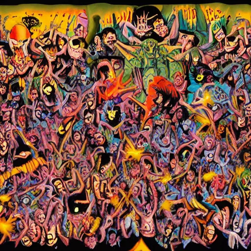 Image similar to mural of demons in rave party in hell by Chor Boogie